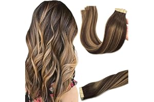 GOO GOO Tape in Hair Extensions Human Hair, 4/27/4 Balayage Chocolate Brown to Caramel Blonde, 16inch 50g 20pcs, Thick Ends Straight Seamless Tape in, Invisible Tape in Hair Extensions Human Hair
