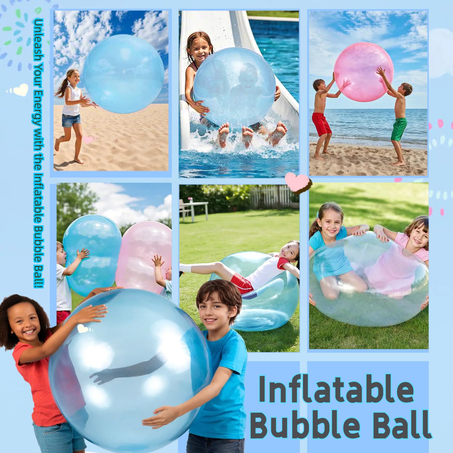 2-Pack Giant Bubble Balls Inflatable Water Balloons Reusable Kids Beach Toys for Summer Outdoor Fun Durable Toddler Yard Games & Pool Accessories