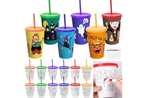 ZEALOR 12 pcs Halloween Cups with Lid Reusable 16 Oz Plastic DIY Color Your Own Tumbler with Lid and Straw & 12 Color Watercolor Pens for Themed Party Birthday Classroom Exchange Gift