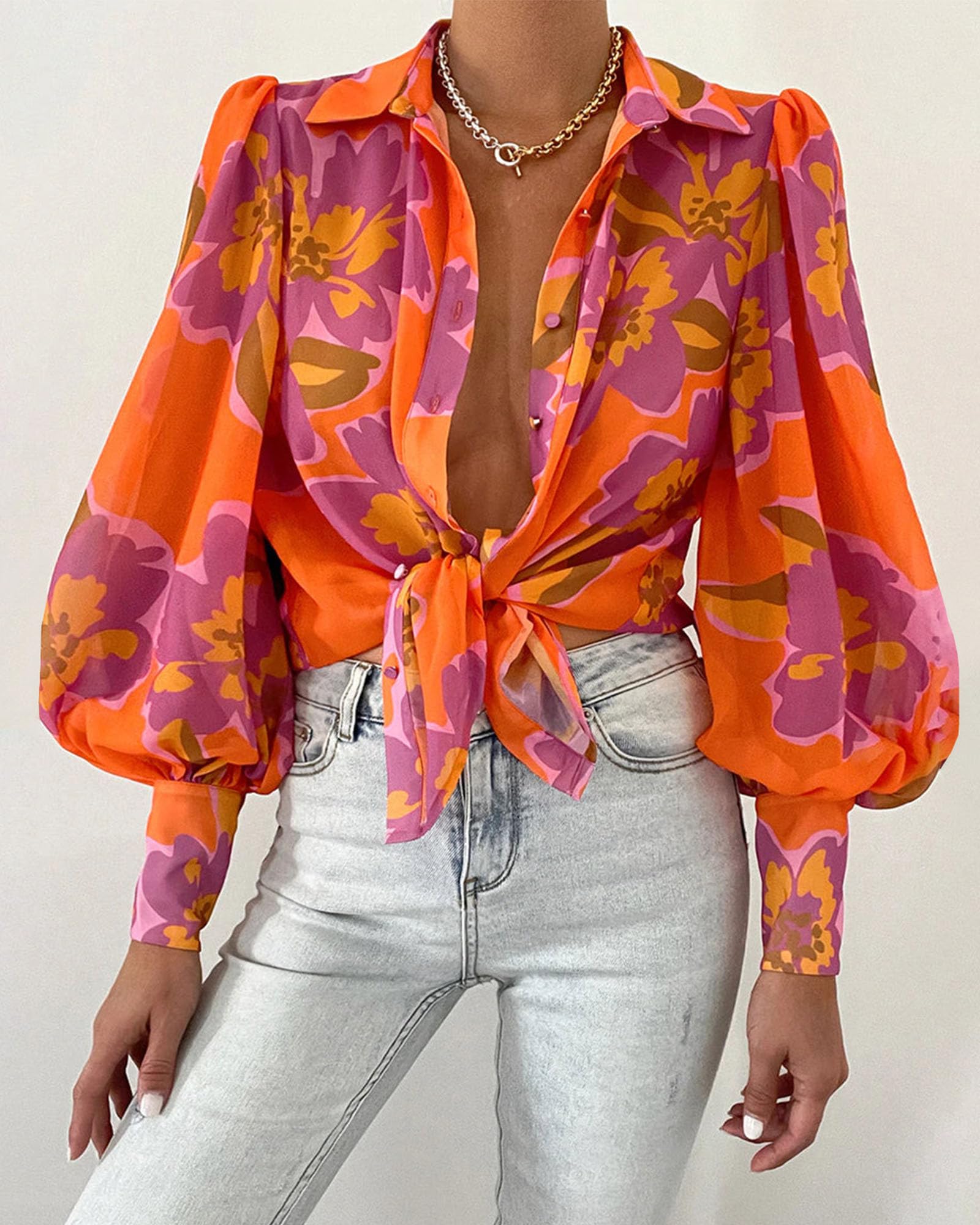 BTFBM Women Fashion Button Down Shirts V Neck Printed Solid Boho Long Sleeve Blouses Dressy Casual Summer Fall Tops