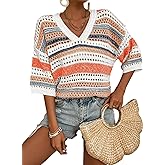 FEKOAFE Women's 2025 Spring Striped Color Block Short Sleeve Knit Sweaters Fashion V Neck Hollow Out Pullovers Tops
