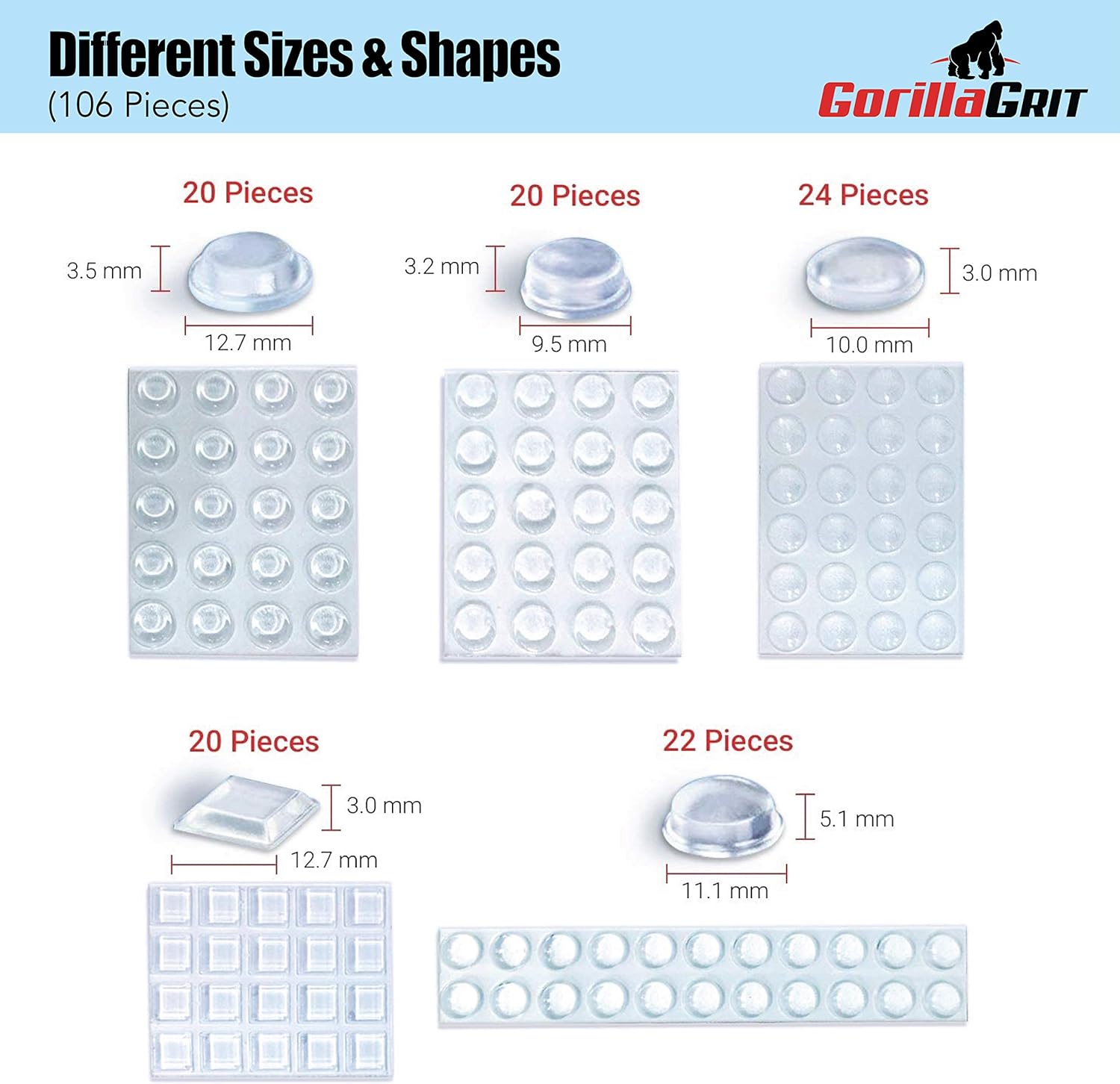 Clear Adhesive Bumper Pads 106-PC Pack (Round, Spherical, Square), Made in USA - Image 3