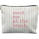 RYYCDOI Coastal Beach Makeup Bag, Meet Me at the Beach Cosmetic Bags for Women, Gifts for Ocean Lovers, Preppy Cute Blue Striped Beachy Nautical Zipper Makeup Pouch