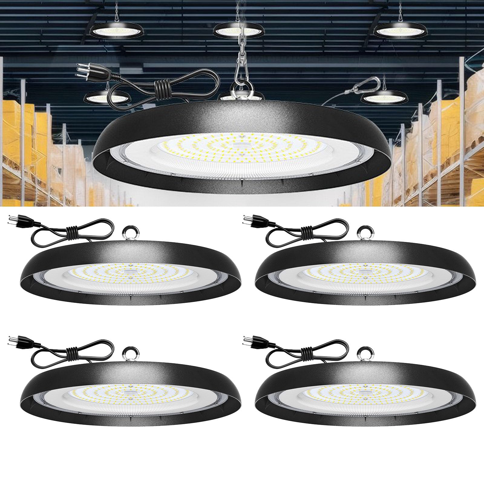 Photo 1 of 4Pack-300W UFO LED High Bay Light,33000lm,Daylight 6000K,6FT US Plug,AC110-277V,Waterproof IP65 Commercial LED Shop Lights for Workshop Factory Barn Warehouse,Garage ETL Listed