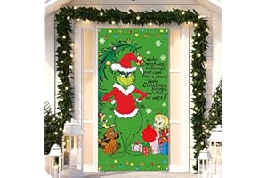 Nepnuser Merry Christmas Door Cover Green Christmas Whoville Xmas Winter Holiday Birthday Party Decorations Backdrop Door Hanging Banner