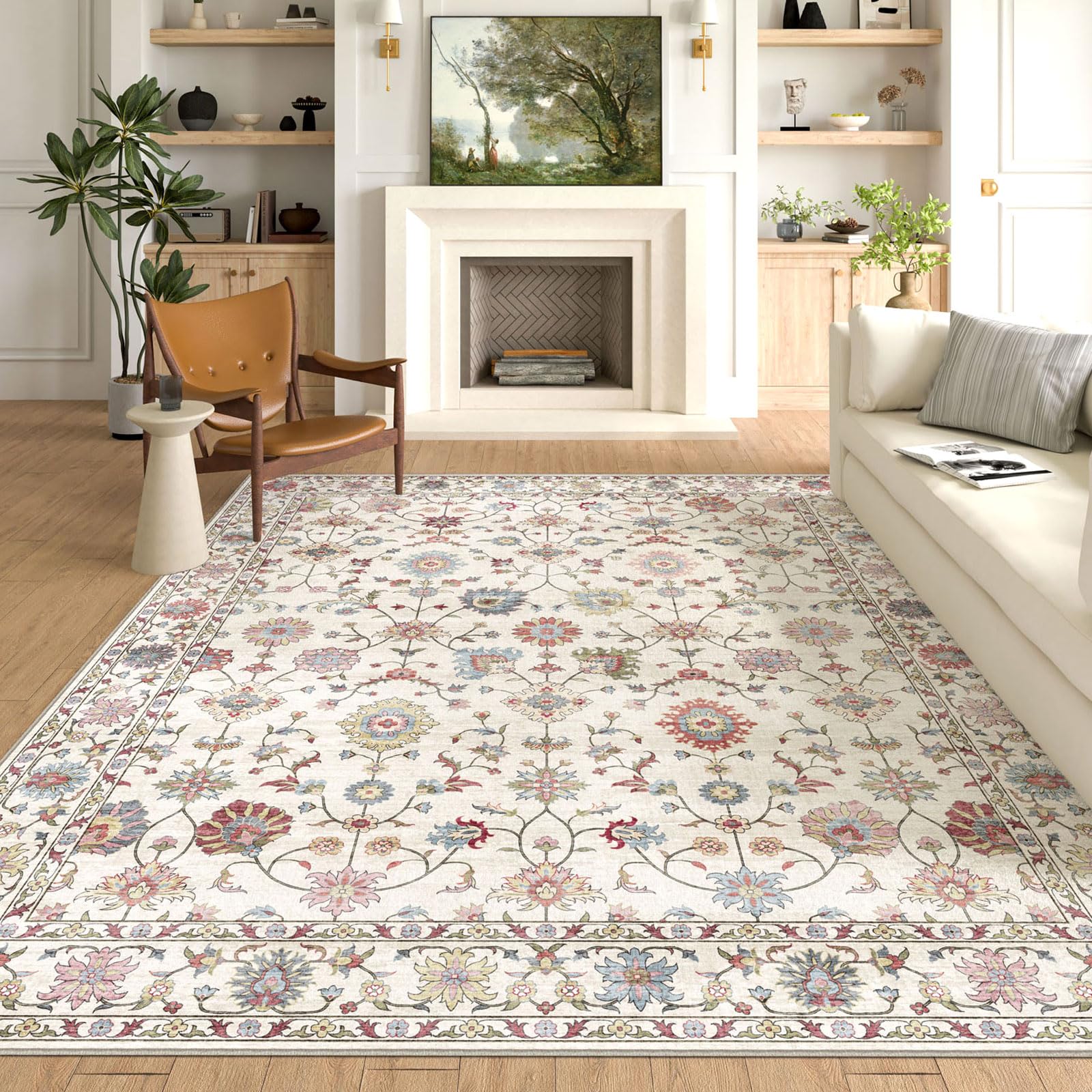 Photo 1 of LUXRUG Washable Area Rug 8x10 - Large Cream Colorful Boho Rugs for Living Room Soft Vintage Bedroom Rug Ultra-Thin Traditional Floral Carpet Farmhouse Rug for Dining Room Guest Room Home Decor