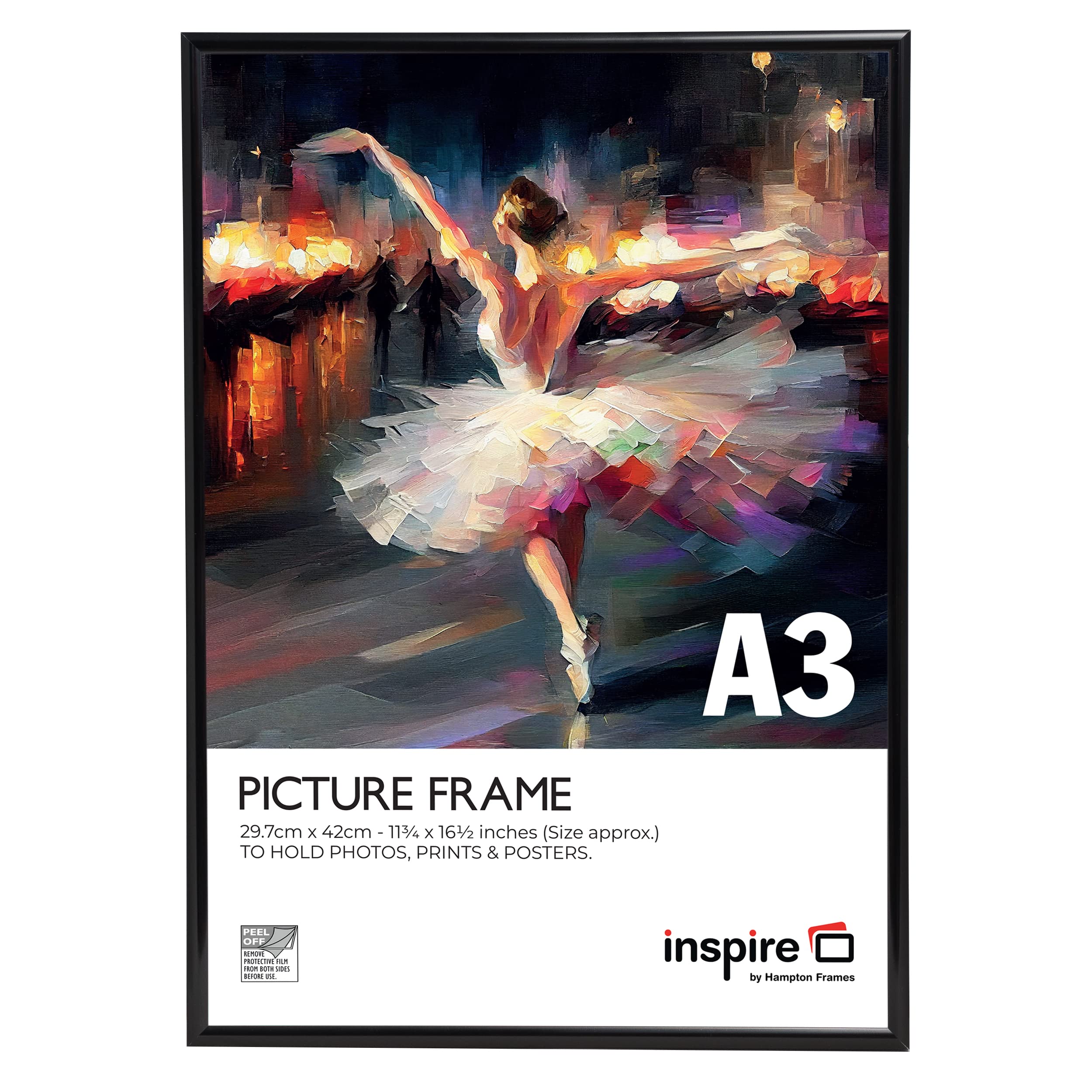 inspire by Hampton Frames BACKLOADER A3 Black Poster Frame Acrylic (Non-Glass) Pack of 1