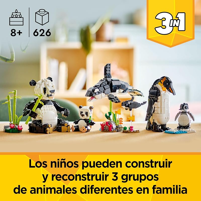 LEGO Creator 3 em 1 Vida Selvagem: Família Panda Transformável em Orca Articulada e Pinguim Figuras de Brinquedo, Jogos de Animais, Presente para Meninas e Meninos 8 Anos e Mais Velhos 31165