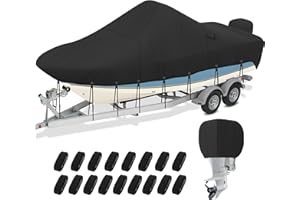 NOOKAT Center Console Boat Cover 17-19ft, 1200D Waterproof Boat Cover with Motor Cover, Trailerable Boat Cover for Center Console Boat, Heavy Duty Marine Grade UV Resistant Polyester Fabric, Black