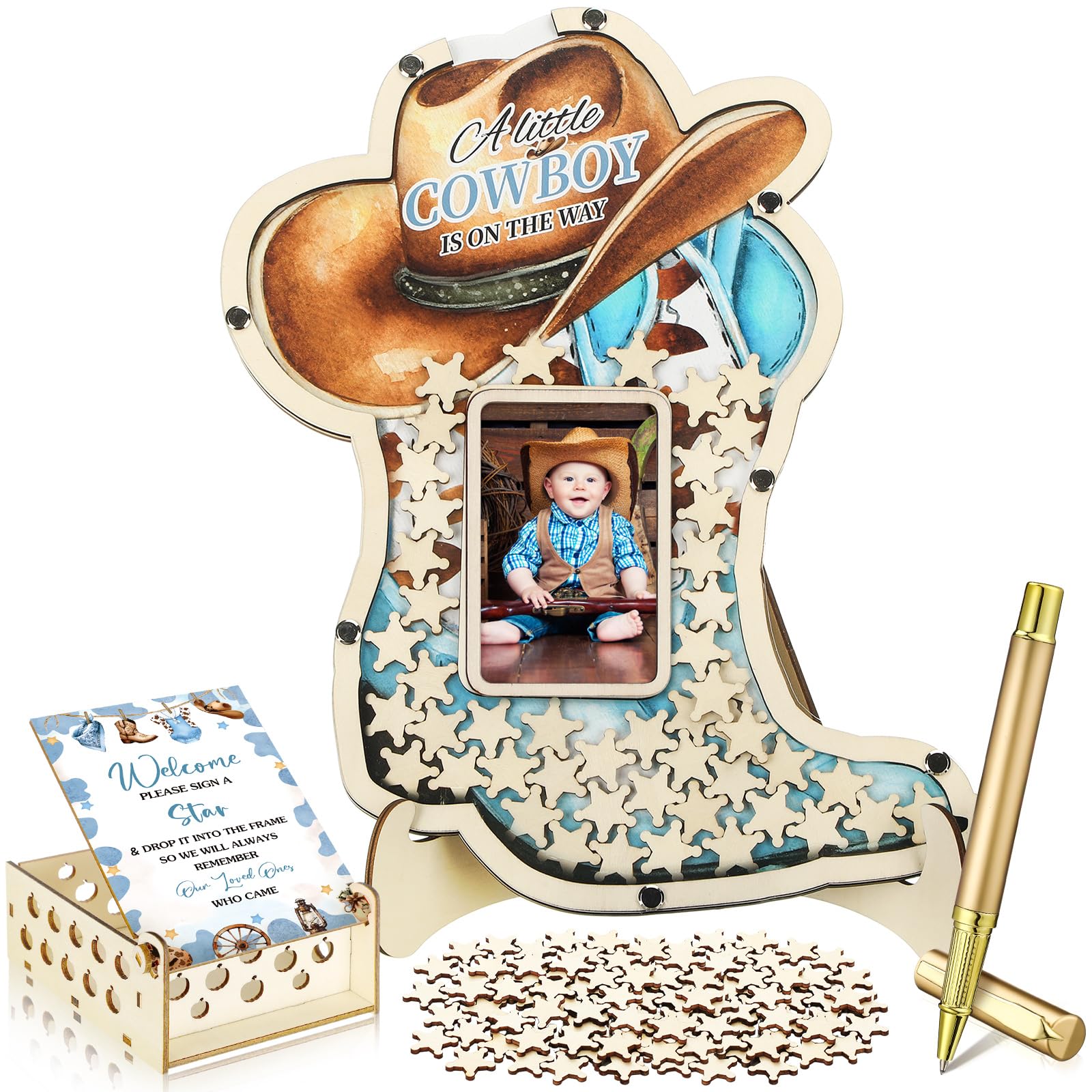 Photo 1 of Wenqik 63 Pcs Cowboy Boot Baby Shower Guest Book Alternatives Set Baby Shower Decorations with Photo Frame Sonogram Frame Keepsake 60 Wood Slices Guest Book for Birthday