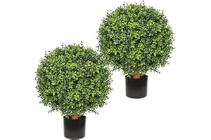 MANASENLUSH 26 Inch Artificial Boxwood Ball Tree Outdoor – Set of 2 UV Resistant Faux Boxwood Topiary Trees, Fake Potted Shrubs Evergreen for Front Door Porch Patio Balcony Home Decoration