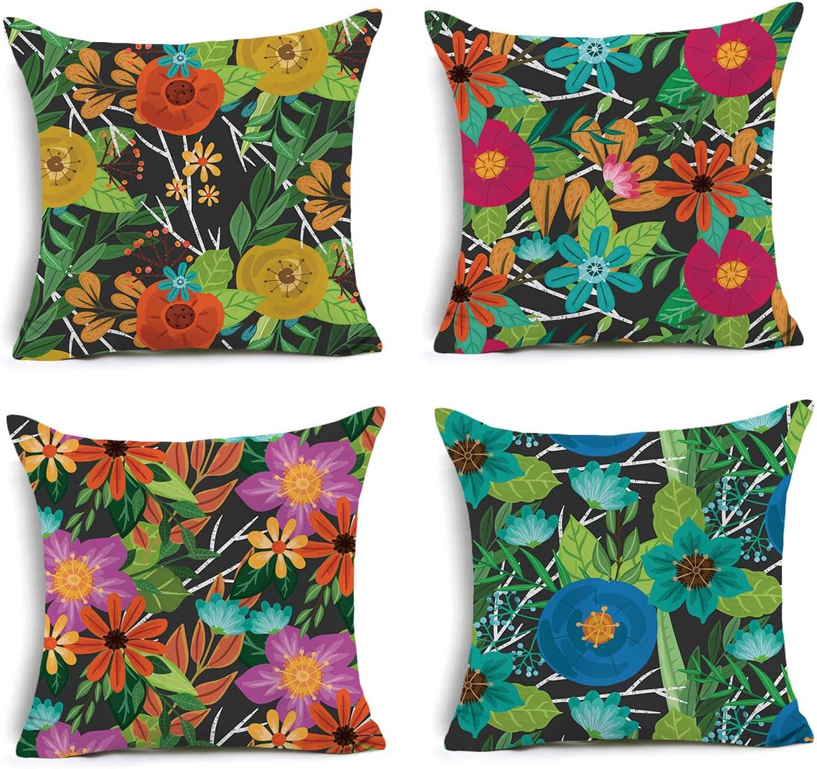 Floral Decorative Throw Pillow Covers - Hand Painted Flower Cushion Cover, 18 x 18 inch Pillowcase Holiday Home Decoration Set of 4