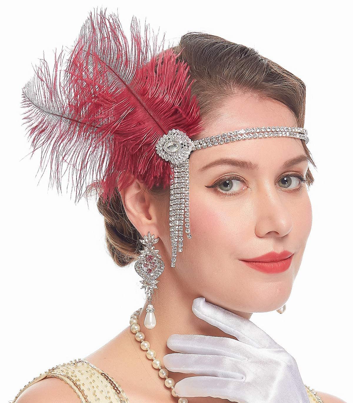 LEEMASING Women Lady Retro Feather Flapper Party Headband Accessory Fascinator For Wedding Tea Party (Wine Red)
