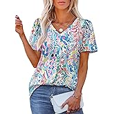 OFEEFAN T Shirts for Women V Neck Dressy Casual Blouses Puff Short Sleeve Summer Tops Loose Fit