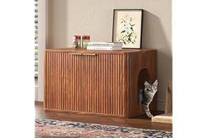 Hootata 31.5" Walnut Cat Litter Box Enclosure Furniture, Large Decorative Hidden Litter Box Cabinet, Fluted Mid Century Modern Kitty End Table for Living Rooms, Bedrooms, Entryways