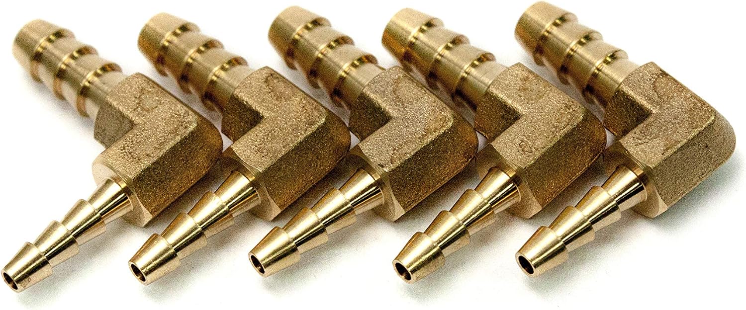 LTWFITTING 90 Deg Reducing Elbow Brass Barb Fitting 1/4-Inch x1/8-Inch(3mm) Hose ID Air/Water/Fuel/Oil/Inert Gases (Pack of 5)