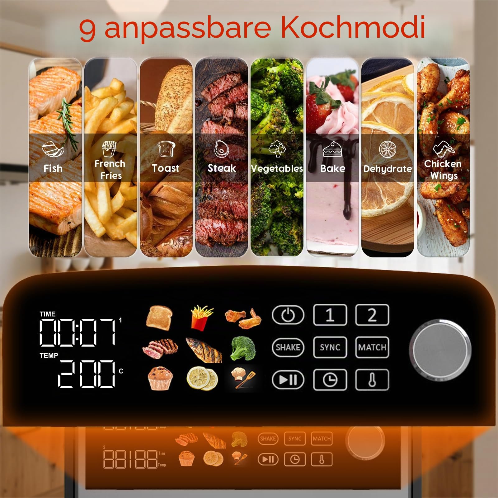 10L Double Stack XL airfryer Heißluftfritteuse | 2400W heißluftfritteuse 2 kammern | Gleichmäßiges Garen & Wende-Erinnerung | Sync/Match,9 Programme, Energie sparen, Spülmaschinenfest 7