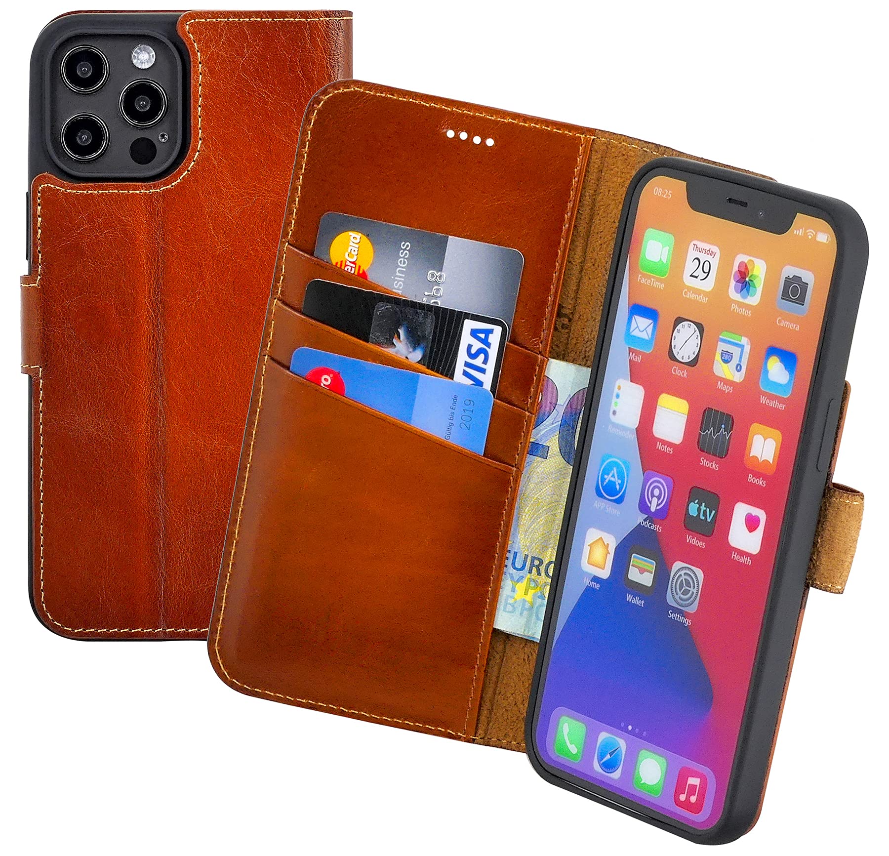 Suncase Book-style case compatible with iPhone 12 Pro (6.1 inch) leather case (slim fit) leather mobile phone case protective case with 3 card slots in burned cognac.