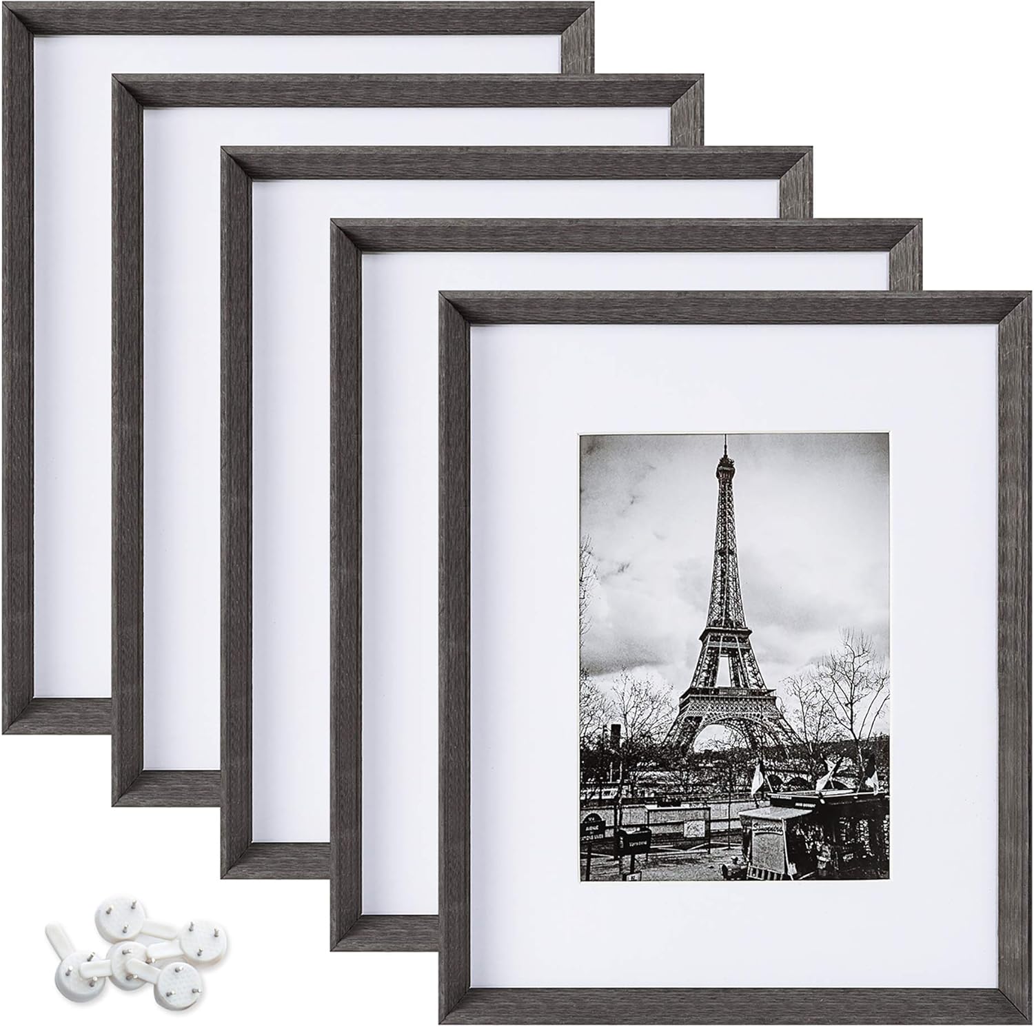 upsimples 8x10 Picture Frames with High Definition Glass, Display Pictures 5x7 with Mat or 8x10 Without Mat, Rustic Photo Frames for Wall or Tabletop Display, Set of 5, Dark Grey -