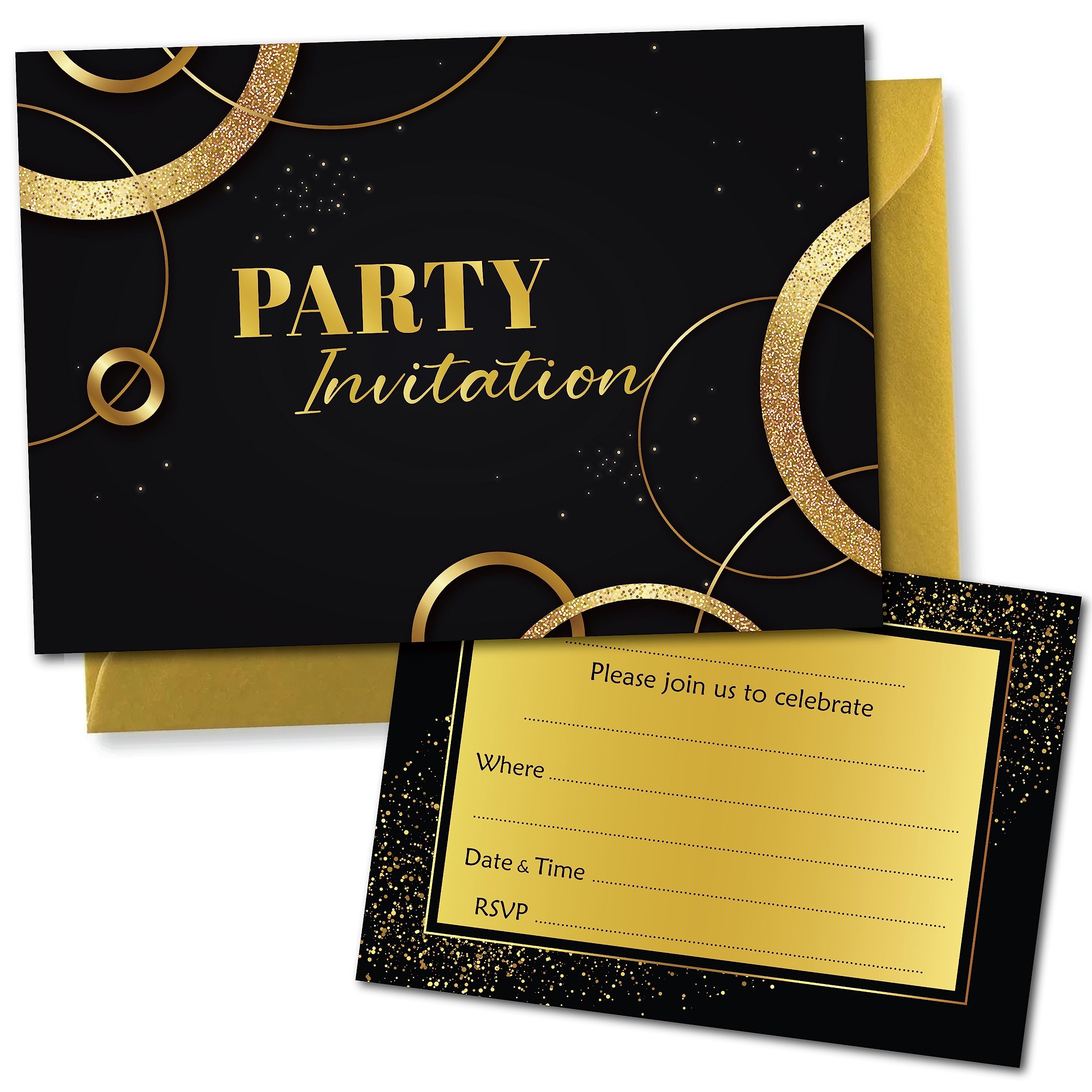 PartiKraft (Pack of 20) Black and Gold Party Invitations With Metallic Gold Envelopes