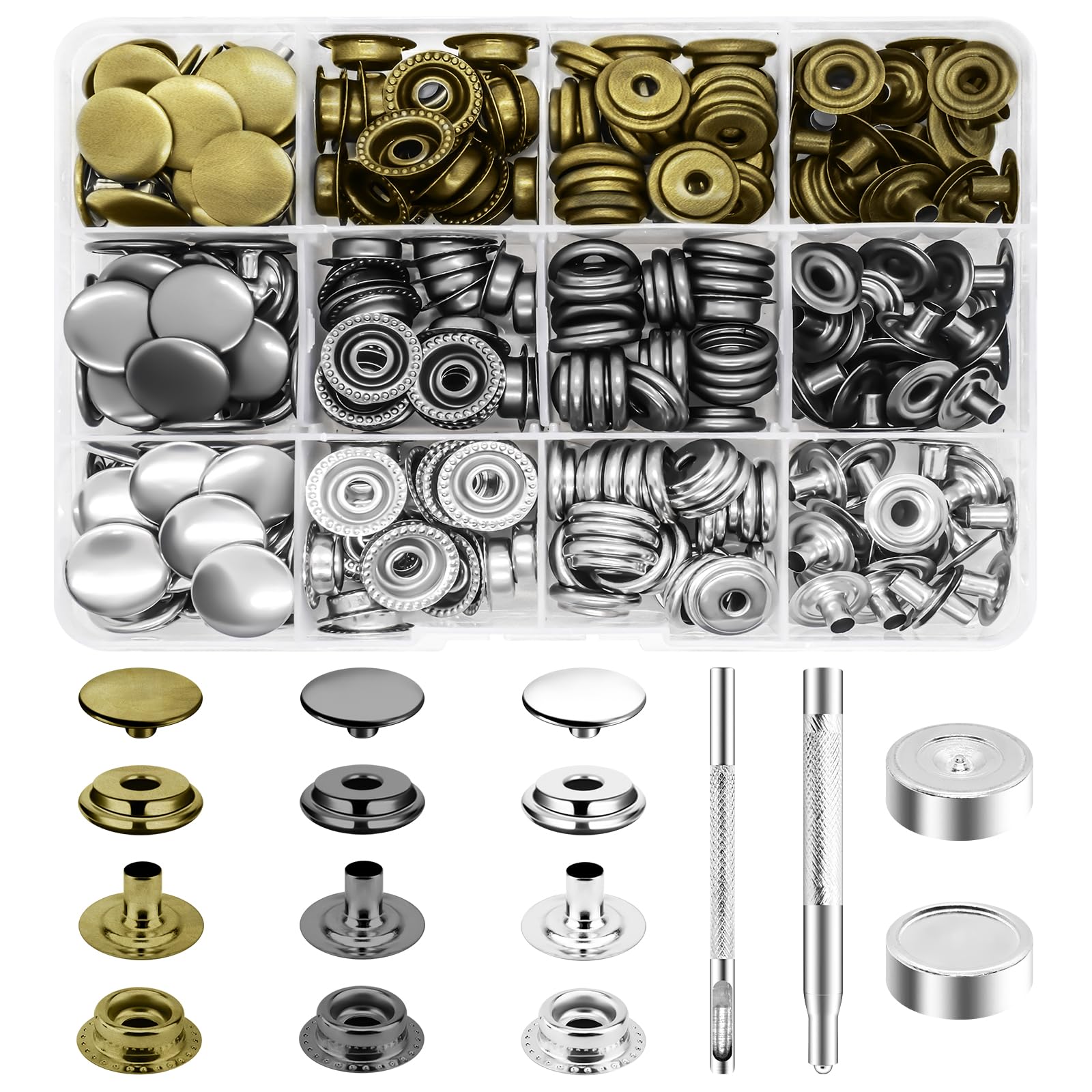 Nadisean 300Pcs Snap Fastener Kit in 3 Colors, 15mm Canvas Snap Button Stainless Steel, Heavy Duty Press Stud Cap with 3 Tools for Clothing Jackets Bags Leather Boat DIY Craft (Bronze Black Silver)