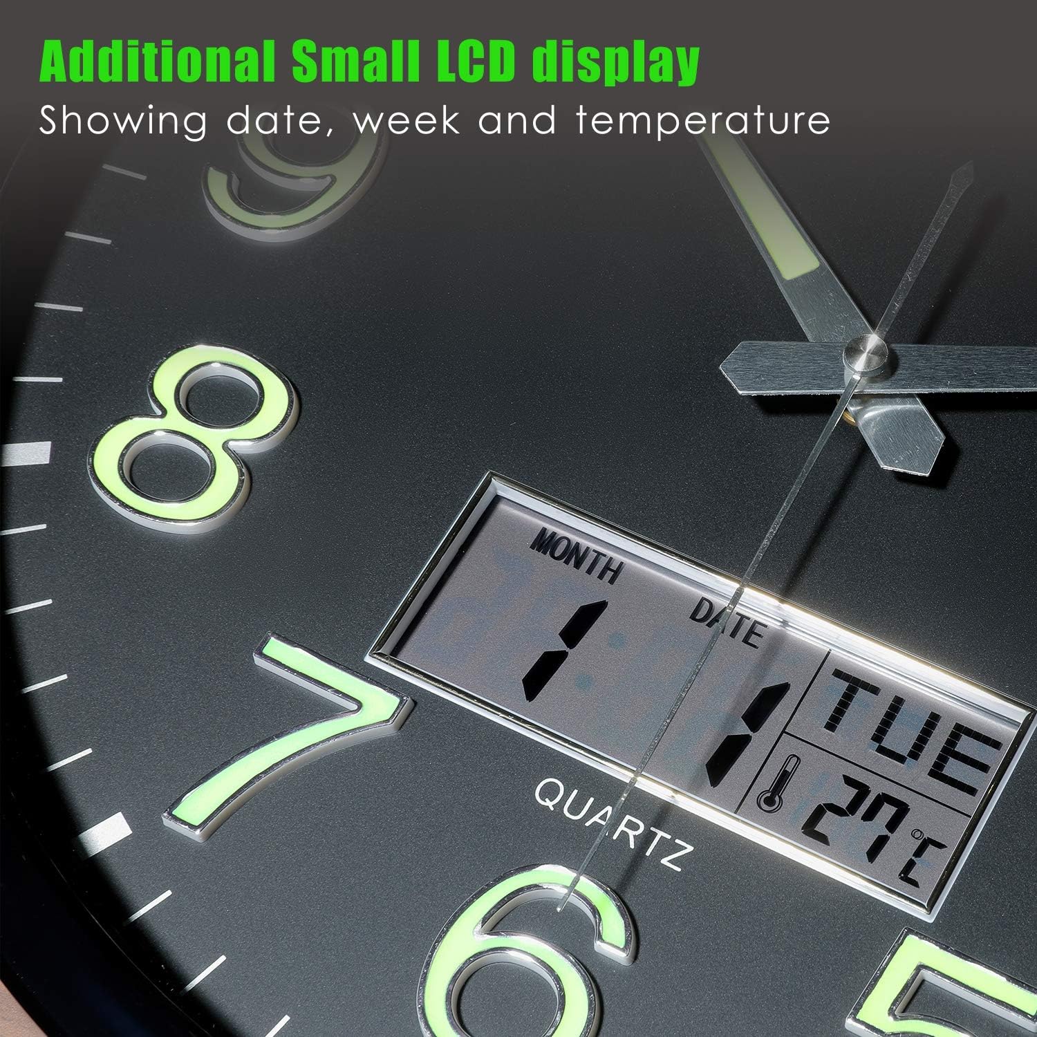 Luminous Wall Clock - 14’’ Extra Large Wall Clocks with Glowing Function LCD Display - Silent Movement for Kitchen Bedroom - Digital Wall Clocks Display Date Week Temp - Battery Operated (Green Light): Kitchen & Dining