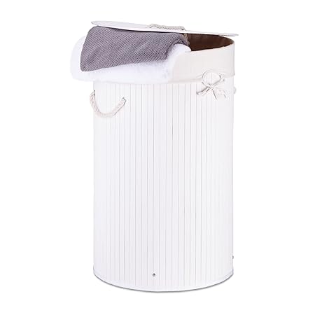Relaxdays Wäschekorb Bambus rund Ø 41 cm, faltbare Wäschetruhe, Volumen 80 Liter, Wäschesack aus Baumwolle, weiß