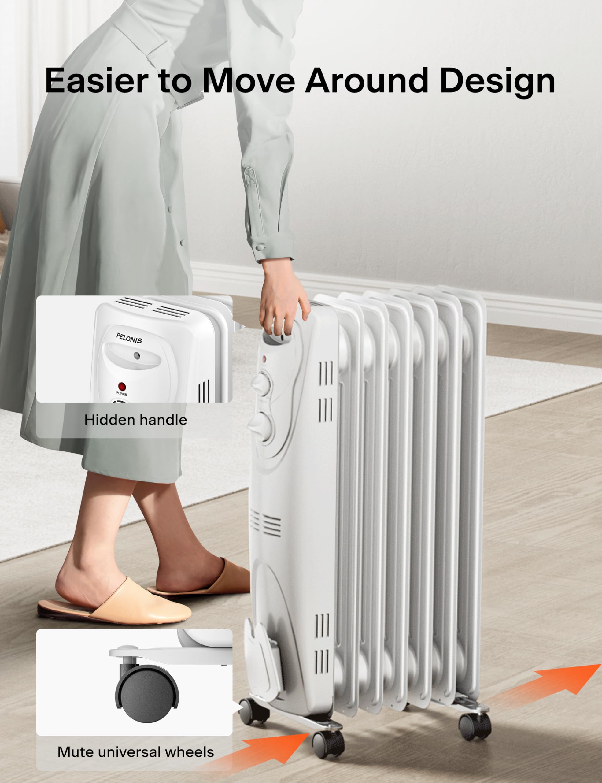 PELONIS PHO15A2AGW, Basic Electric Oil Filled Radiator, 1500W Portable Full Room Radiant Space Heater with Adjustable Thermostat, White, 26.10 x 14.20 x 11.00 in