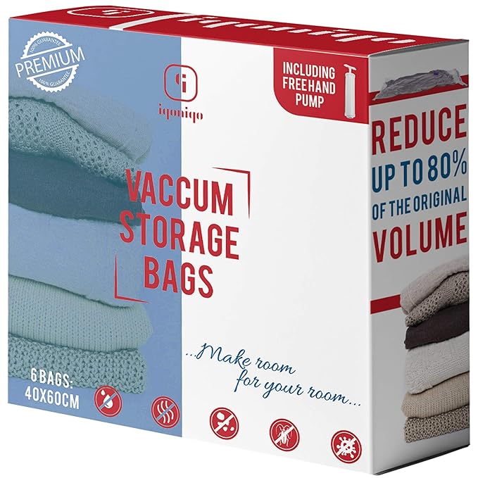 IQONIQO Premium Vakuumbeutel im Vorteilspack, inkl. Handpumpe | 6 STK. | TÜV-geprüfte Qualität | Ideal zum Reisen sowie zur A