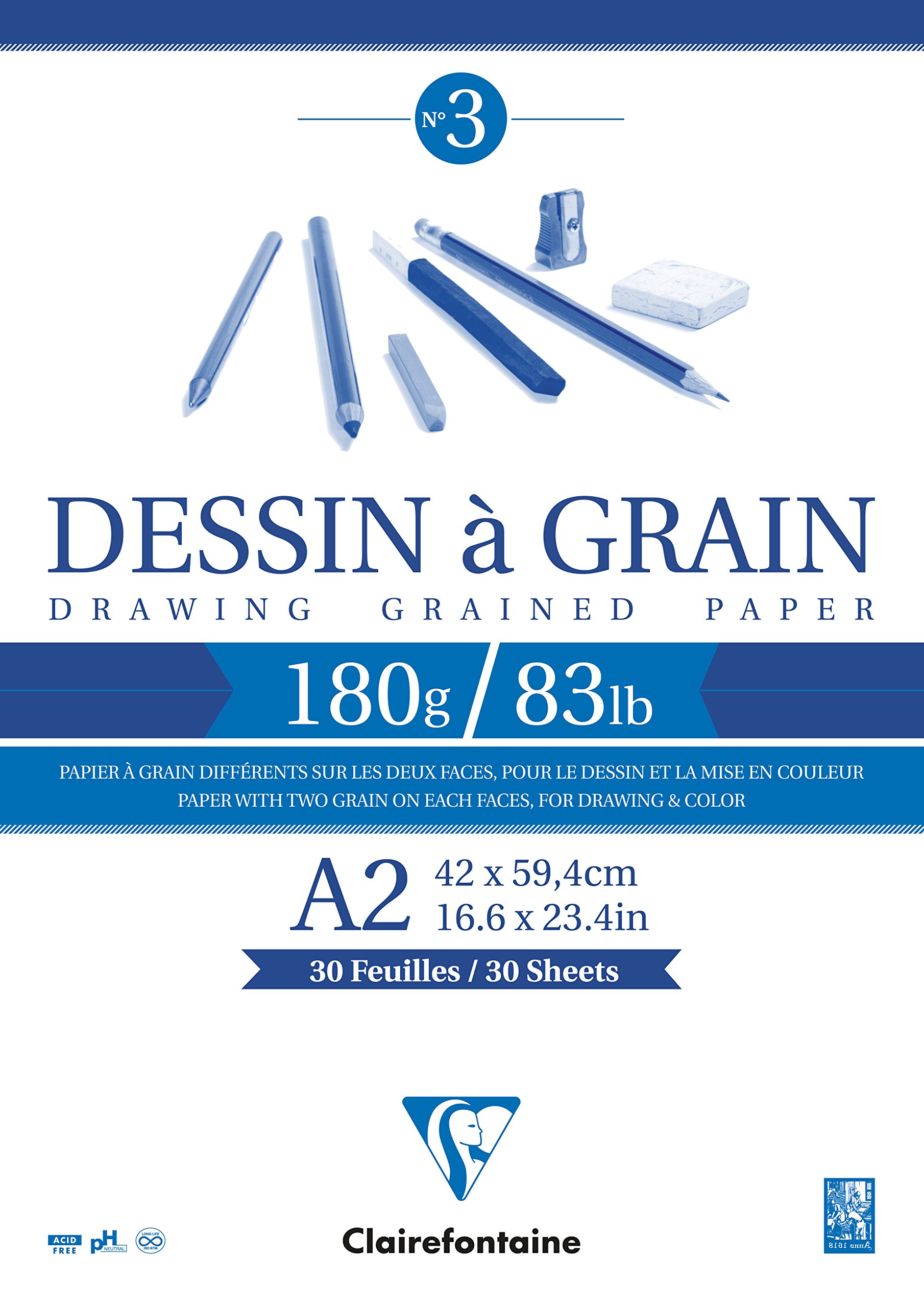 Clairefontaine - Ref 96620C - White Grained Drawing Paper Glued Pad (30 Sheets) - A2 Sized, 180gsm Paper, White & Grained Drawing Paper, Acid Free, pH Neutral