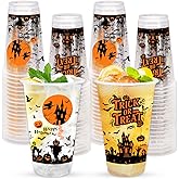 Whaline 50Pcs 16Oz Halloween Plastic Cups Trick or Treat Witch Castle Pumpkin Bat Disposable Clear Cup for Spooky Holiday Birthday Party Supplies