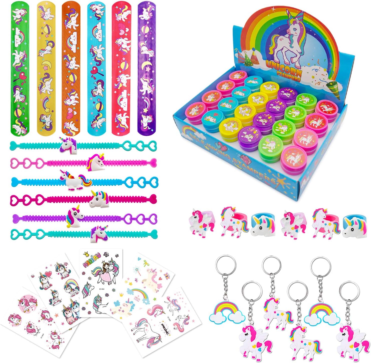 Unicorn Party Favors with Gift Bag, Unicorn Tattoos,Unicorn Stampers, Unicorn Slap Bracelets, Keychain,Rings for Unicorn Party,Carnival Prizes,Classroom Rewards,Pinata Filler,Bulk Toys,Goodie Bag Fillers