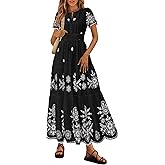 PRETTYGARDEN Boho Dresses for Women 2026 Summer Spring Casual Floral Short Sleeve V Neck Maxi Elastic Waist Dress Pockets