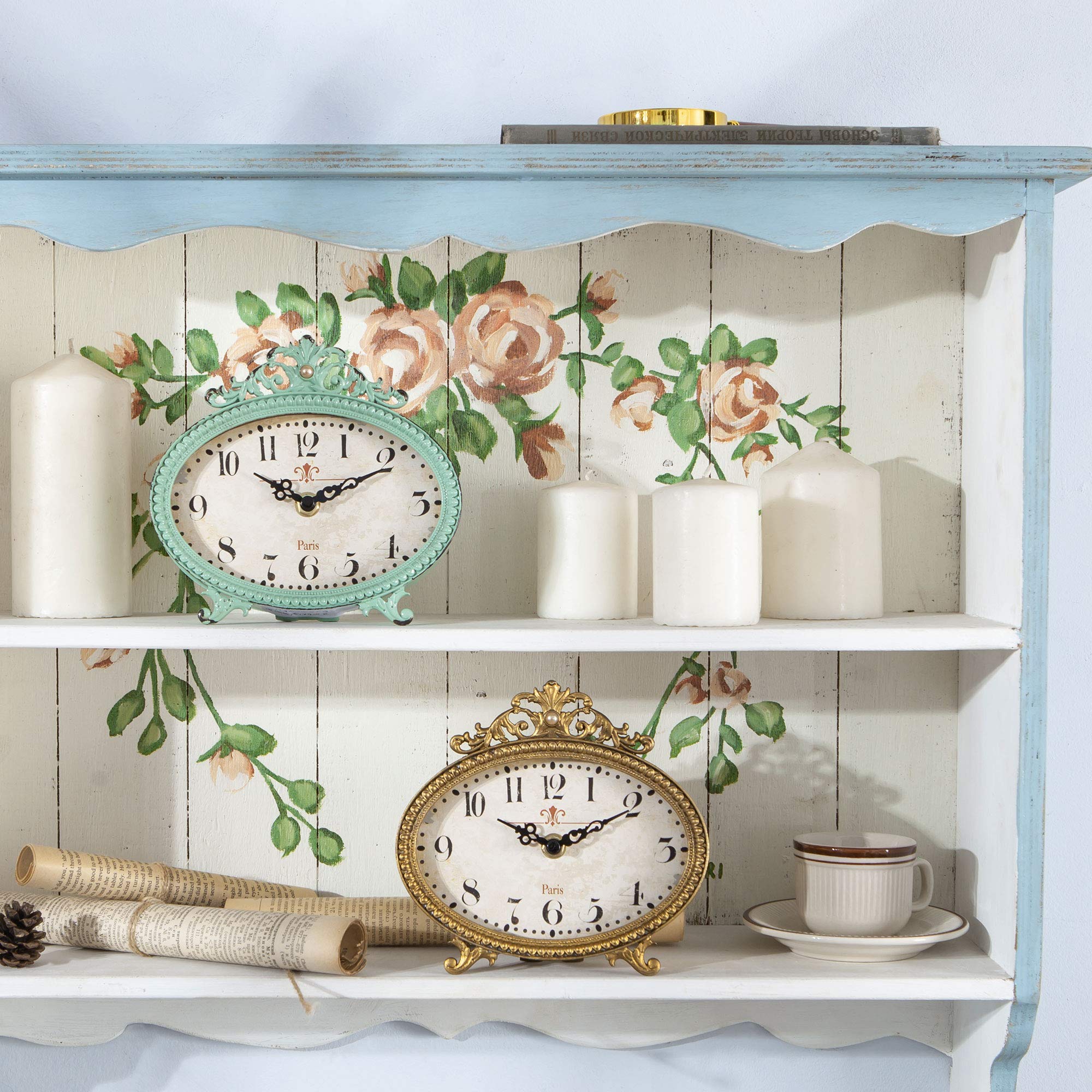 NIKKY HOME Vintage Table Clock, French Turquoise Color Rococo Style Desk Clock Battery Operated Rustic Design, Home Décor for Living Room, Bedroom, Bedside, Desk, Gift Clock - Gold
