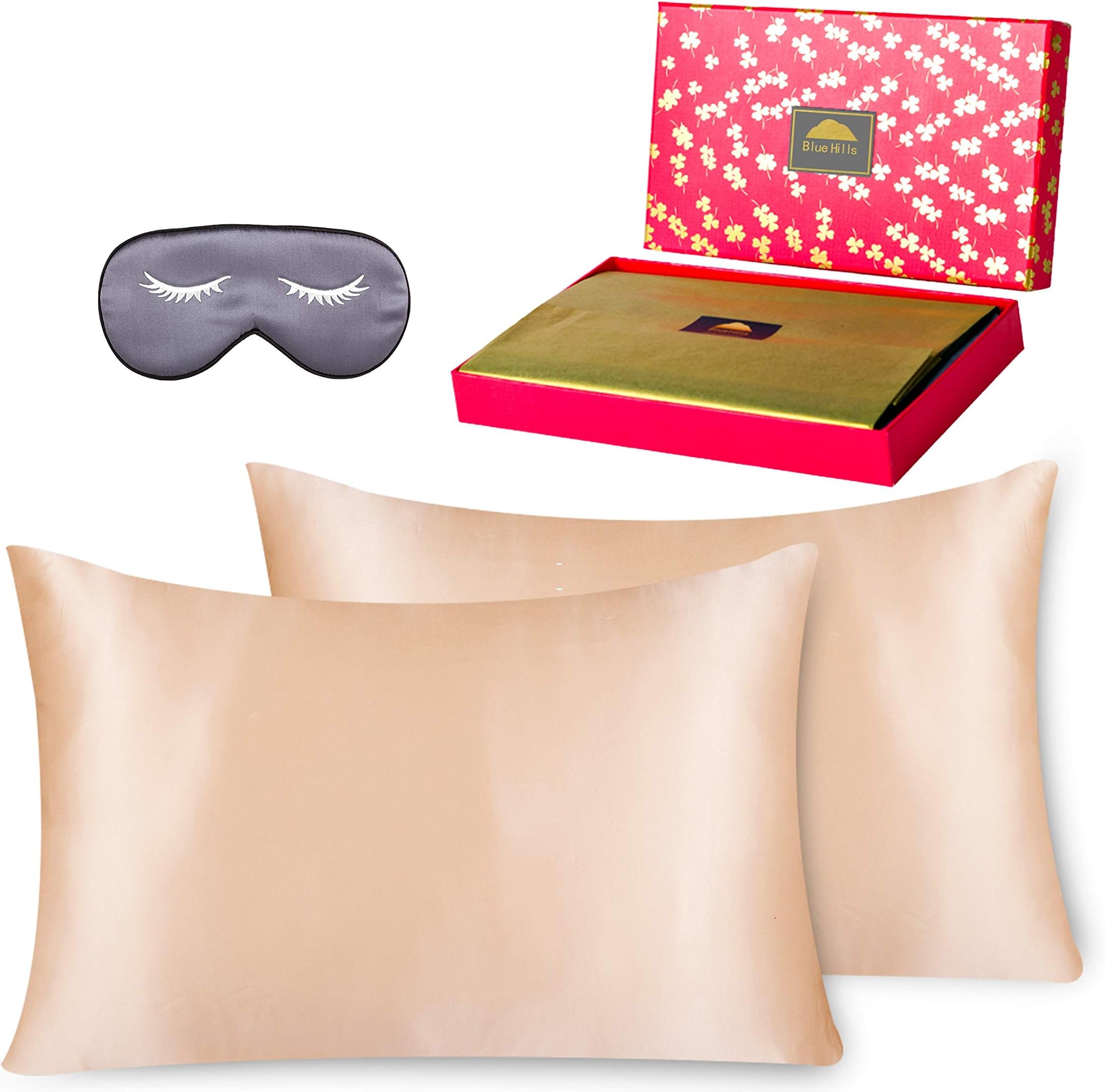 BlueHills 3 Piece Luxury Silk Gift Set 100% Pure Mulberry Natural Soft Silk Pillowcase 2 Pack for Hair and Skin Hidden Zipper & Pure Silk Eye Mask in Gift Box Queen Size Champagne Light Gold Q001