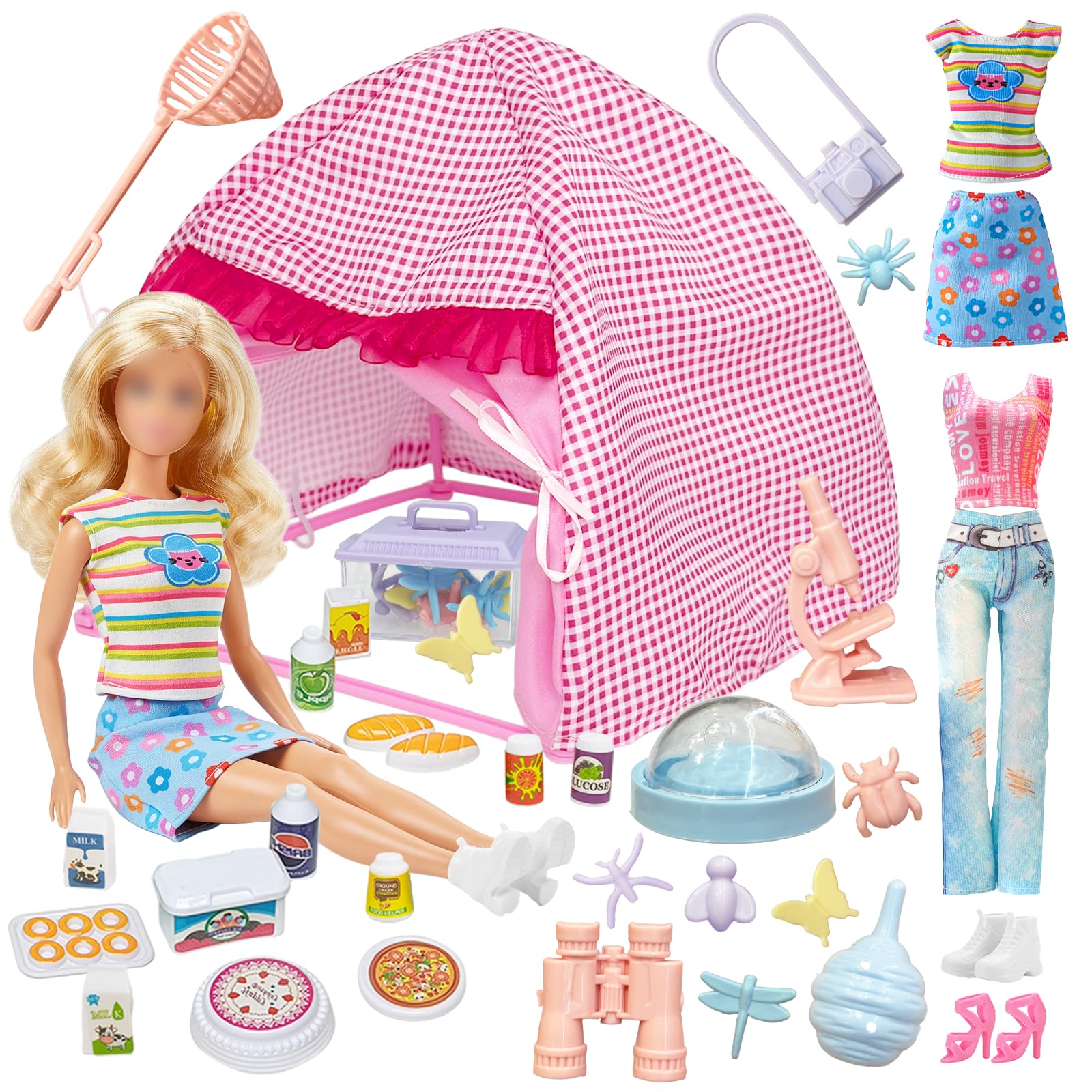 35 Pcs Doll Clothes Travel Camping Tent Compatible with Barbie, 1 Tent 4 Clothes 12 Picnic Food Toy Set 15 Outdoor Accessories 2 Shoes for 11.5 Inch Doll Girls Gift