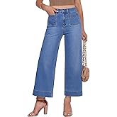 GRAPENT Cropped Jeans for Women Trendy 2026 Wide Leg High Waisted Patch Pocket Stretchy Denim Pants Short Trouser Jeans