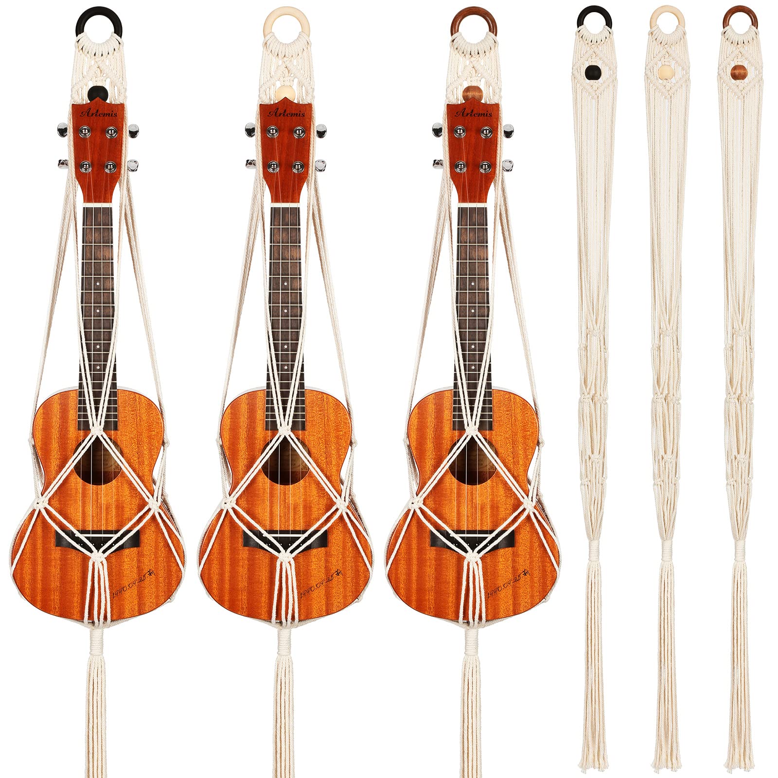 Photo 1 of 3 Pieces Macrame Ukulele Hanger Wall Mount, 21 to 24 Inches Boho Hanging Stand Holder for Soprano Case, Wall Decor Alternative Kit, Black Ring and Wooden Bead