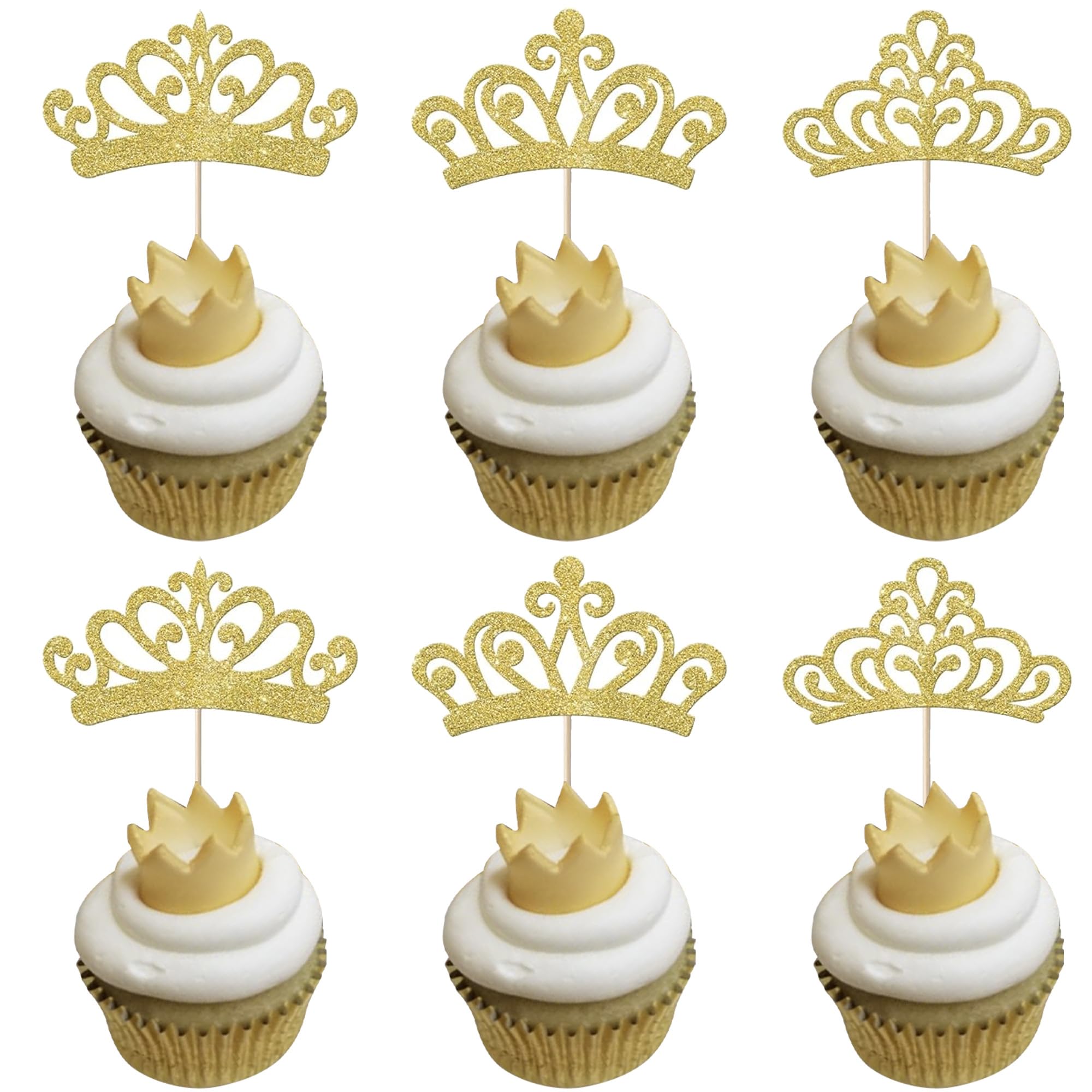 SYKYCTCY 24 Pack Crown Cupcke Toppers Glitter Princess Crown Cupcake Picks Kids Birthdy Cupcake Decorations for Baby Shower Wedding Birthdy Party Cake Decorations Supplies Gold