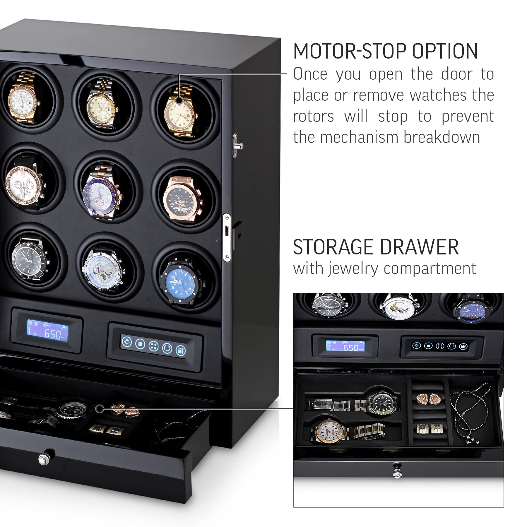 Leader WATCH WINDERS 9 Watch Winder with LED Backlight, Remote Control, LCD Display and 2 Watches Storage Compartment (Black + Black)