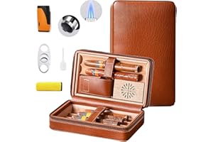 WANTHER Leather Cigar Case, Travel Humidor Holds 6 Cigars, Brown Cedar Wood Box with Cigar Cutter, Humidifier, Lighter & Towel, Portable Cigar Holder for Men, Office & Travel Gift Set, Ideal for Home
