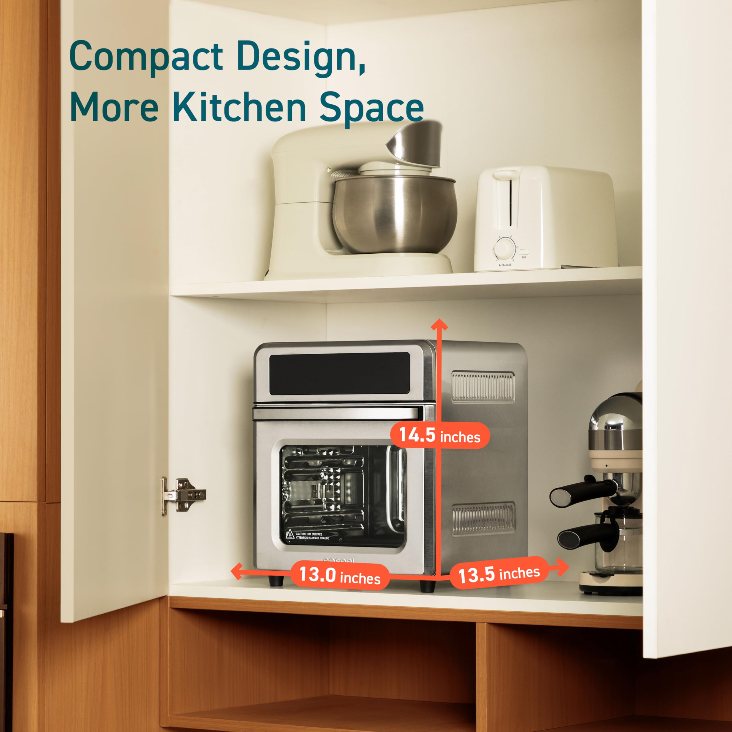 COSORI Horno freidora de aire 11 en 1, combo de freidora de aire de tamaño pequeño de 13 cuartos con funciones de asador, tostar, hornear, asar, recalentar y más, libro de recetas y 6 accesorios incluidos, perfecto para encimeras pequeñas