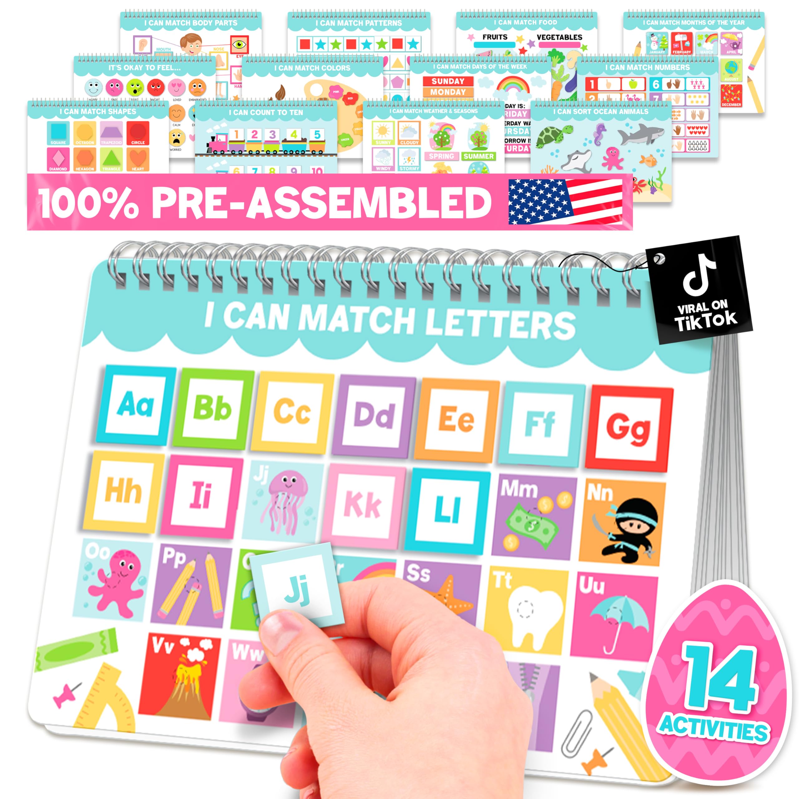 Hadley Designs My First Busy Book Toddlers 3-5, Montessori Preschool Learning Activities Age 4-5, 174 Pcs Velcro Busy Book, Travel Toys Airplane Car Quiet Time, Sensory Toys, Easter Gifts for Kids