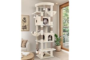 Globlazer Heavy Duty Cat Tree, 74in Sturdy Cat Tower for Large Cats Adult, Big Cat Tree with 7 Sisal Scratching Posts, 2 Padded Condos, 2 Dual-Ear Hanging Baskets, Enlarged Top Perch, S74, Beige