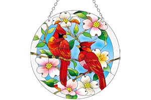 ANFURI AUFURI Large Size Cardinal Suncatcher - 8.6 inch Stained Glass Window Hanging - Pairs of Red Cardinal Birds - Cardinal Gifts for Women, Hand Painted Glass Cardinal for Birds Lover, Window (8.6inch)