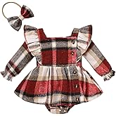 TITKKOP Newborn Baby Girl Fall Winter Clothes Plaid Long Sleeve Romper Buttons Outfit Ruffles Dress with Bow Headband