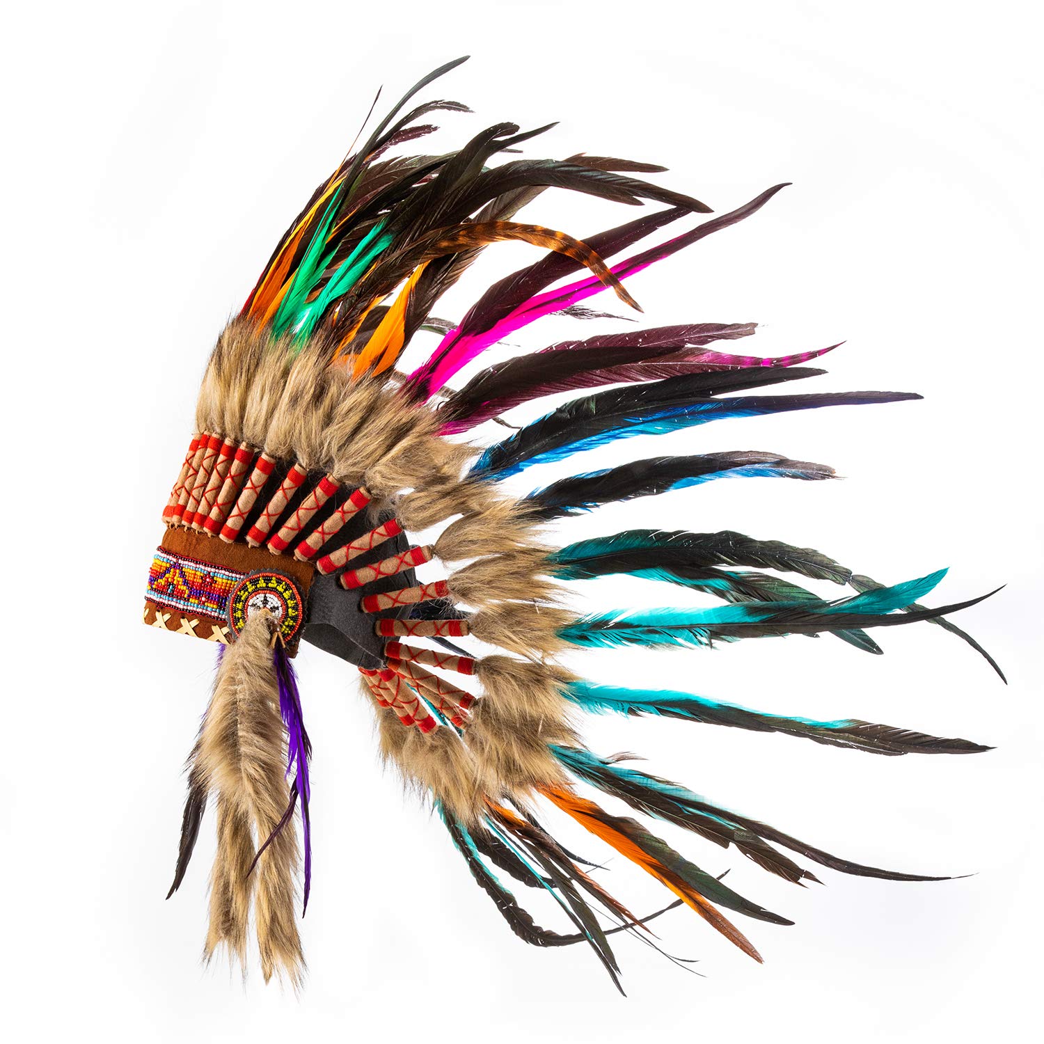 Pink Pineapple Handcrafted Native American Inspired Feather Headdress - Short Length - Rainbow