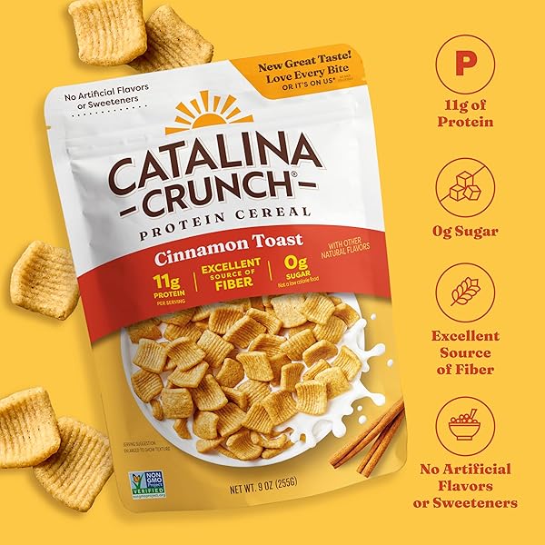 CATALINA CRUNCH PROTEIN CEREAL | SUGAR FREE BREAKFAST CEREAL WITH 11G OF PROTEIN | GLUTEN FREE, KETO FRIENDLY | CINNAMON TOAST – 9 OZ. BAG (PACK OF 1)