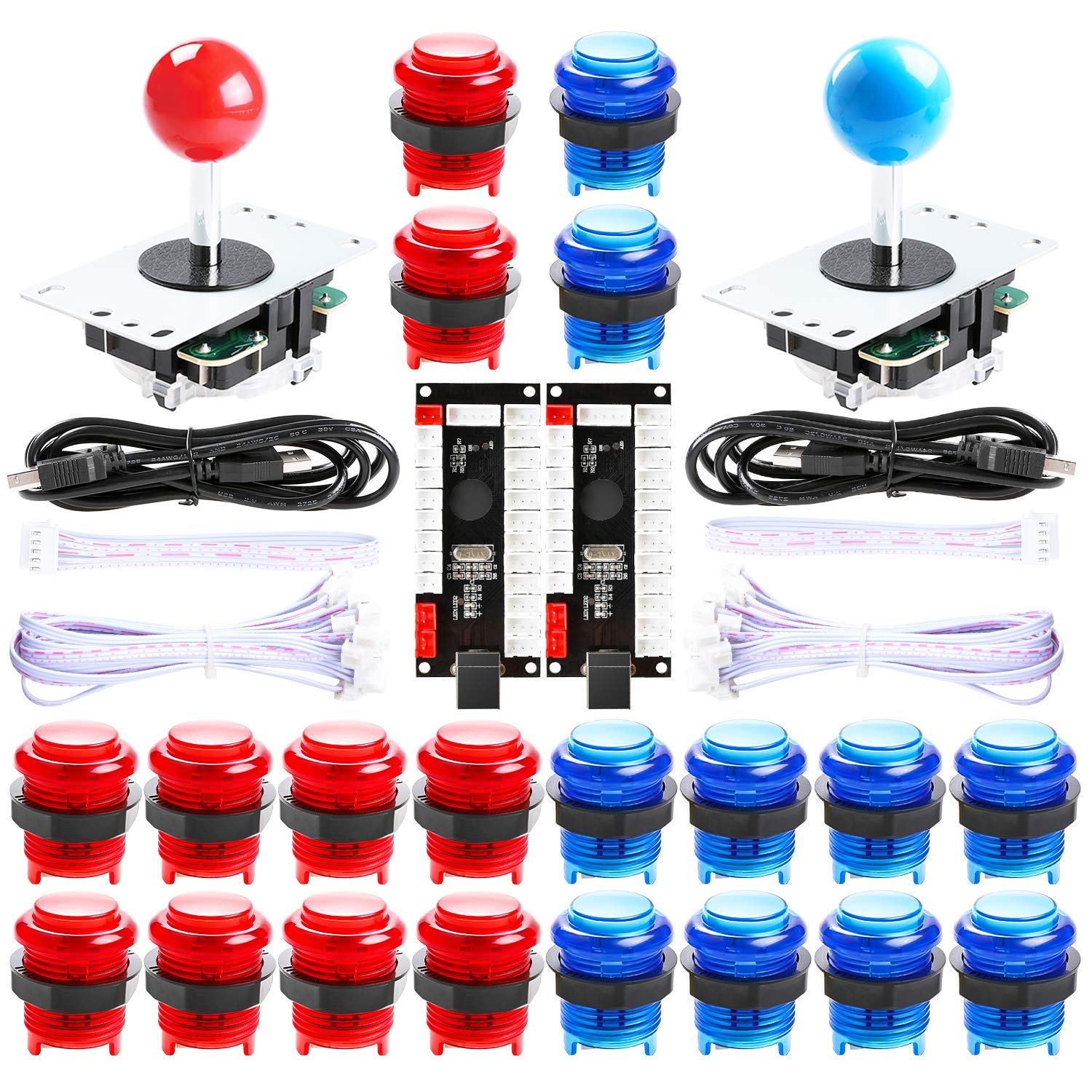 Photo 1 of (incomplete)(sold for parts) Qenker 2 Player LED Arcade DIY Parts 2X USB Encoder + 2X Joystick + 20x LED Arcade Buttons for PC, MAME, Raspberry Pi, Windows (Red & Blue Kit)
