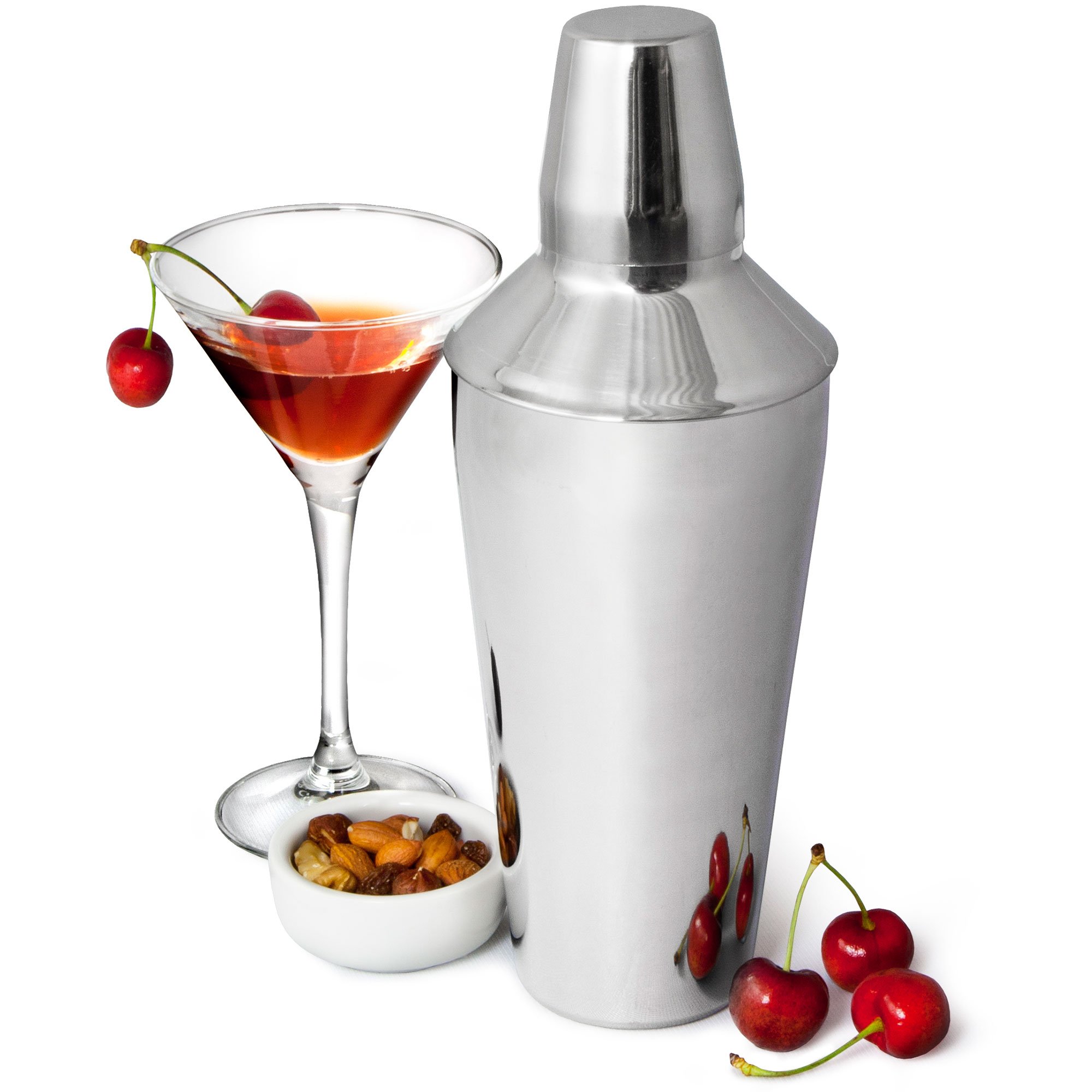 Manhattan Cocktail Shaker by bar@drinkstuff (28 oz / 750ml - 26cm Tall) Stainless Steel 3 Piece Cocktail Shaker with Strainer